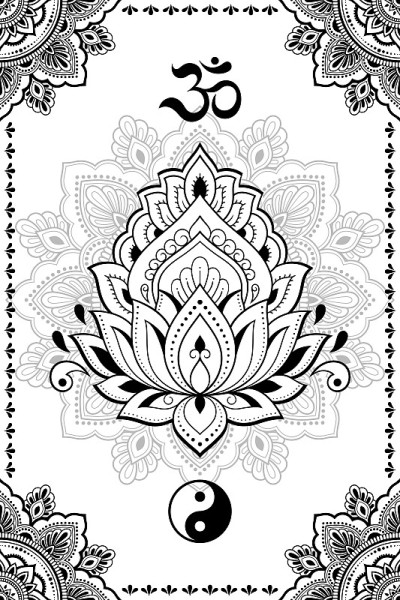 一套东方民族宗教符号。曼陀罗，OM咒，阴阳，莲花。装饰图案指甲花，曼海蒂，纹身，房间装饰。轮廓涂鸦矢