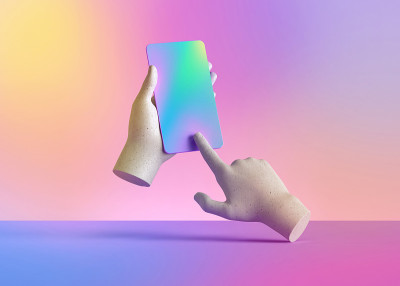 3d渲染人体模型手握智能手机小配件，电子设备孤立在彩色蜡笔背景，最小的概念，简单干净的设计。远程控制
