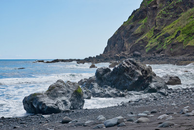 在葡萄牙马德拉岛的Maiata海滩(Praia da Maiata)冲浪，最好的大西洋海景与黄菊花