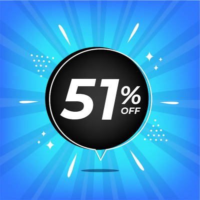 打51%。蓝色横幅，黑色气球百分之五十一的折扣，超级大甩卖。