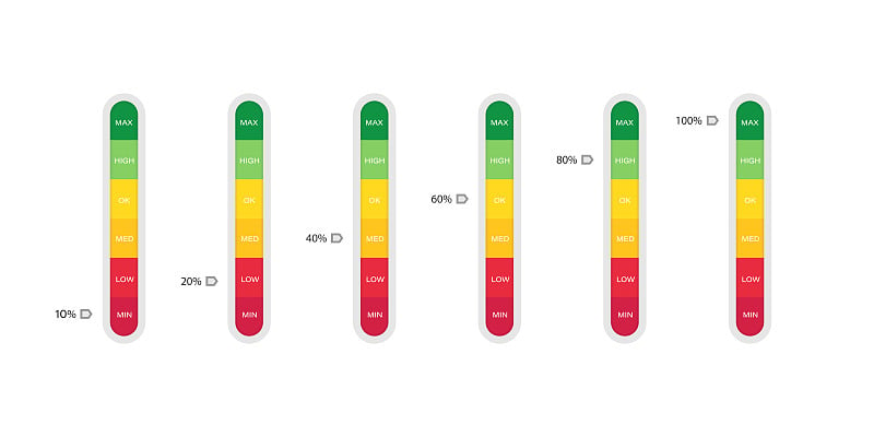 垂直指标与百分比水平。有彩色刻度或标尺。信用评分或评级的测量。矢量插图。
