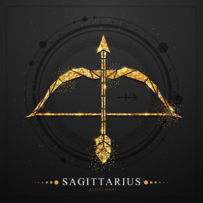 现代魔术魔术卡与多边形占星金射手星座。多边形的金色弓和箭插图在黑色的背景