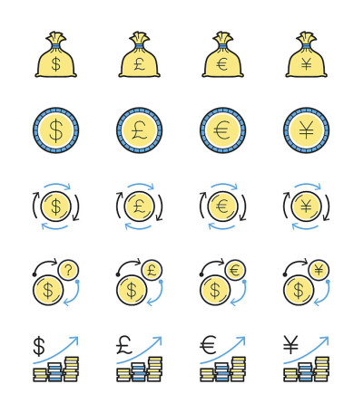 金钱和货币图标，单色-矢量插图