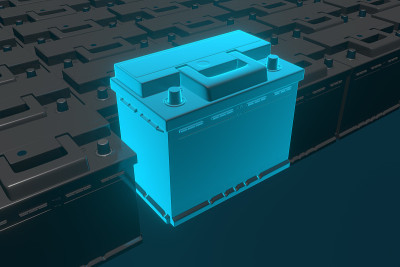 3 d渲染。蓝色背景上的汽车电池。