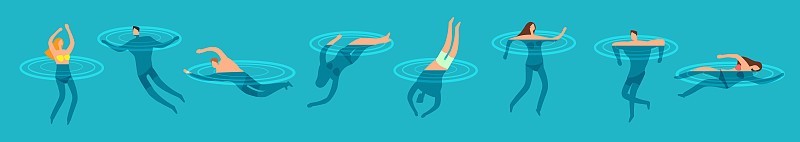 游泳和潜水的人在海洋卡通矢量插图