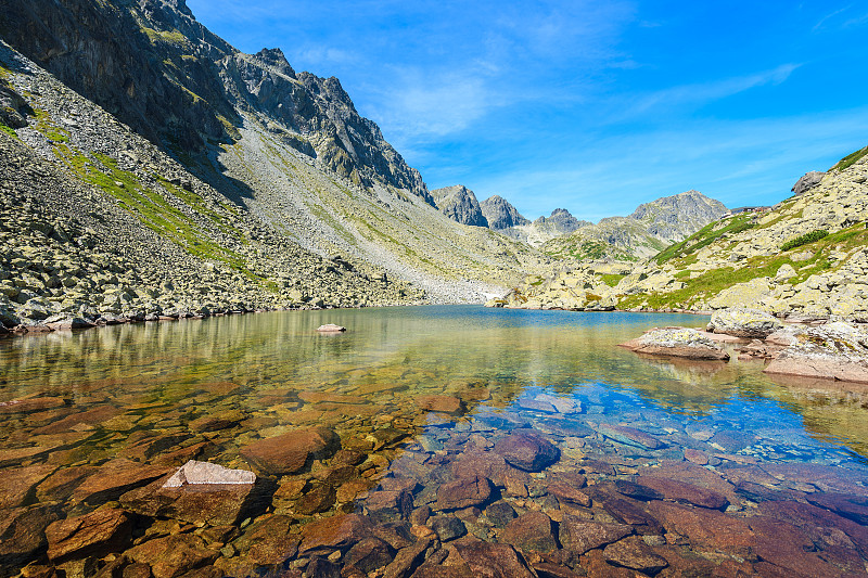 石头在水晶清澈的水的高山湖泊在夏季景观斯塔列斯纳山谷，高塔特拉山，斯洛伐克