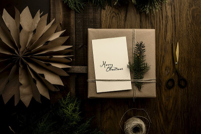 Christmas present decoration in rustic cozy ambien