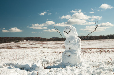 雪人在美丽的冬季天空的大草地上