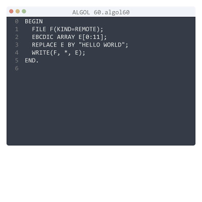 ALGOL 60语言Hello World程序示例在编辑器窗口插图