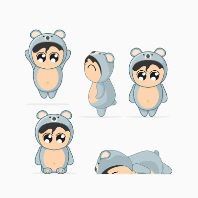 一组人与快乐可爱的考拉服装性格