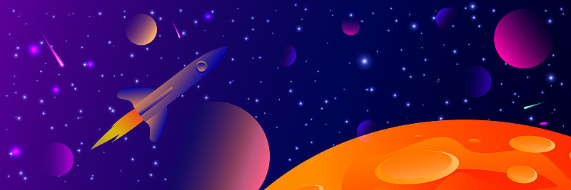 向量未来空间背景与明亮的光行星和恒星。带有霓虹灯3d物体和发光轨迹的宇宙横幅。有红色大行星的抽象宇宙