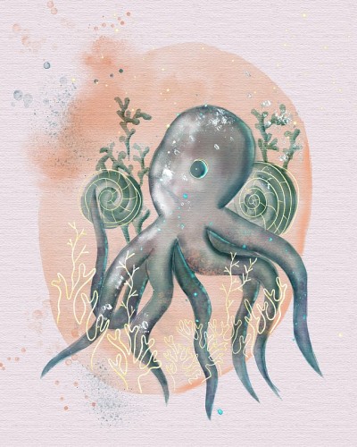 鲸，章鱼插图水彩风格