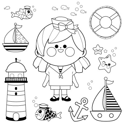 水手女孩航海集。矢量黑白着色页