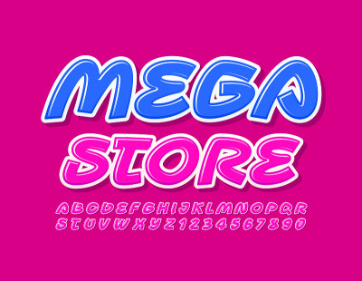 向量明亮的旗帜Mega Store。一组明亮的字母和数字