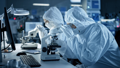 研究工厂洁净室:工程师/科学家穿着工作服和手套使用显微镜检查主板微处理器组件，开发高科技现代电子