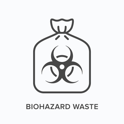 生物危害废物线图标。生物危害垃圾的矢量大纲插图在塑料袋扁平标志。有毒垃圾细线形象形图
