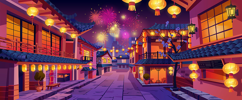 春节庆祝活动，中国新年夜景。向量房屋与灯，灯笼和花环，烟花的背景。街道节日装饰，唐人街城市建筑