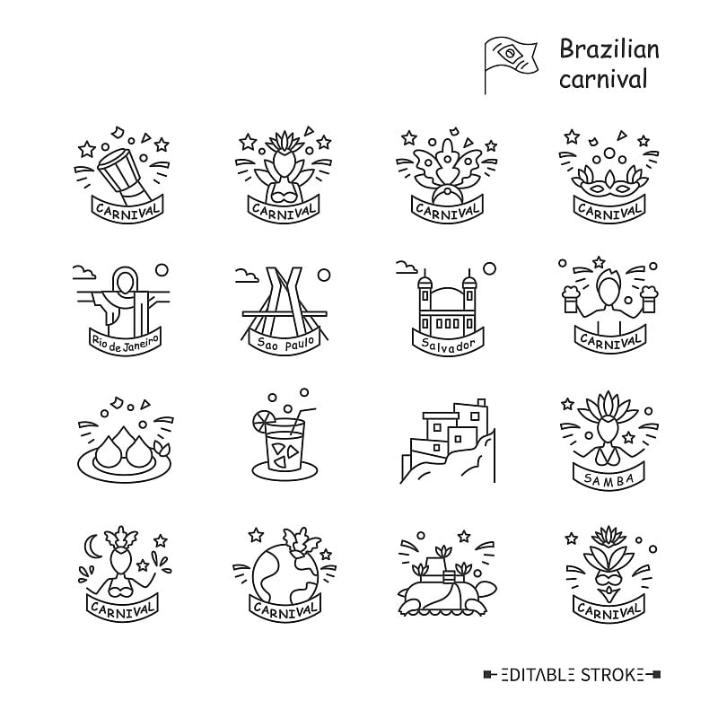 巴西狂欢节系列图标集。可编辑的