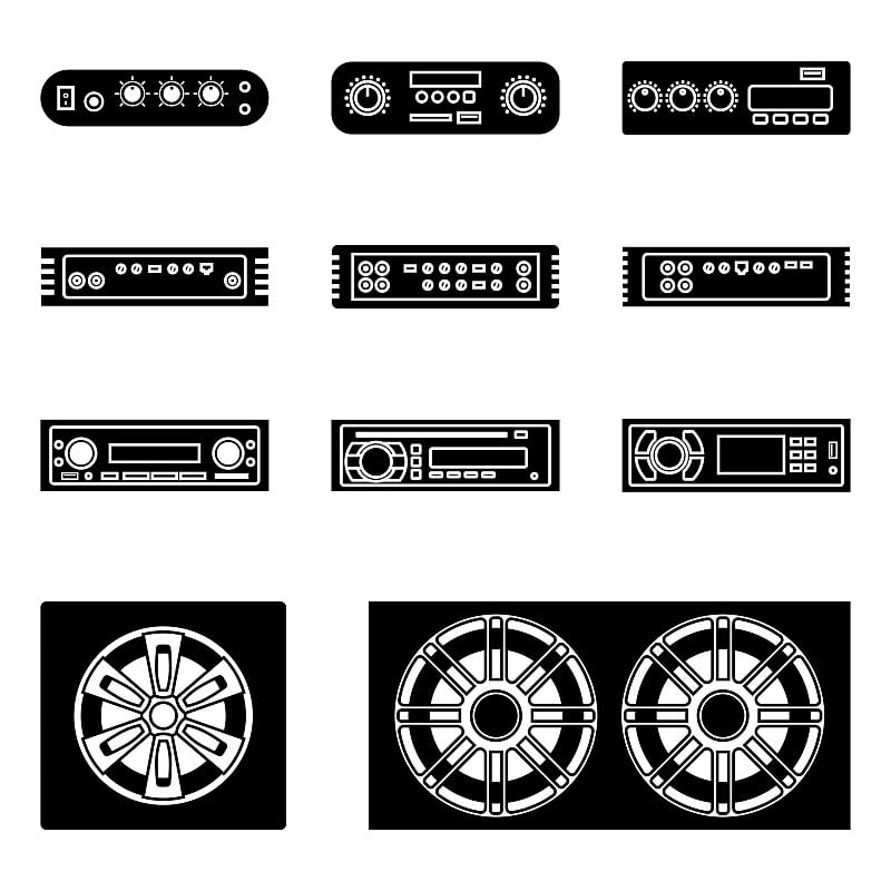 汽车音响。扬声器，接收器和混音器。轮廓矢量