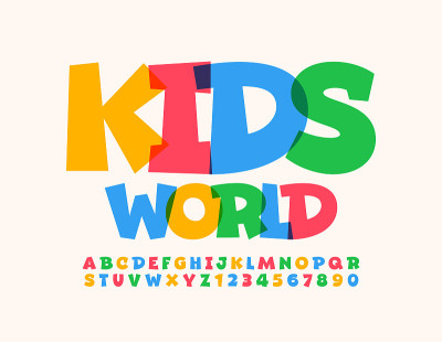 Vector funny sign Kids World. Bright Alphabet Lett