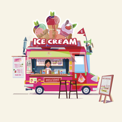 冰淇淋车和可爱的小贩。餐车概念-向量