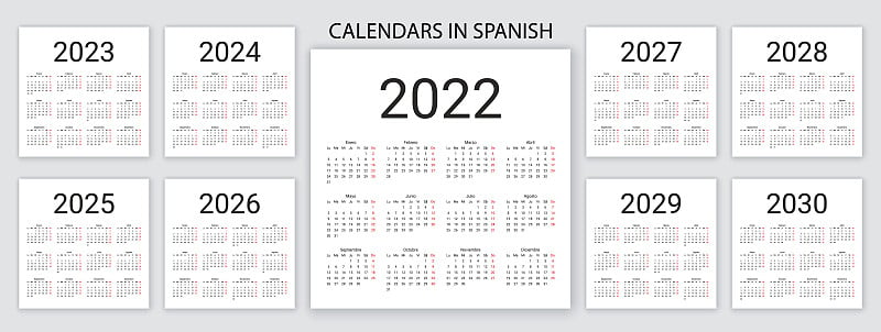 西班牙日历2022年、2023年、2024年、2025年、2026年、2027年、2028年、202