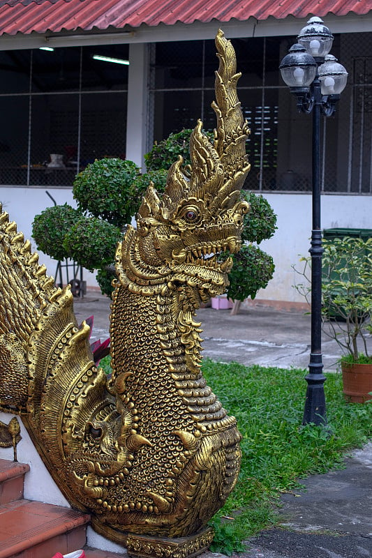 那伽在寺庙台阶的底部，Wat Chiang Man，清迈，泰国