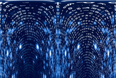 蓝色矩阵数字背景。扭曲的网络空间的概念。人物倒了。来自符号流的矩阵。虚拟现实设计。复杂的算法数据黑客
