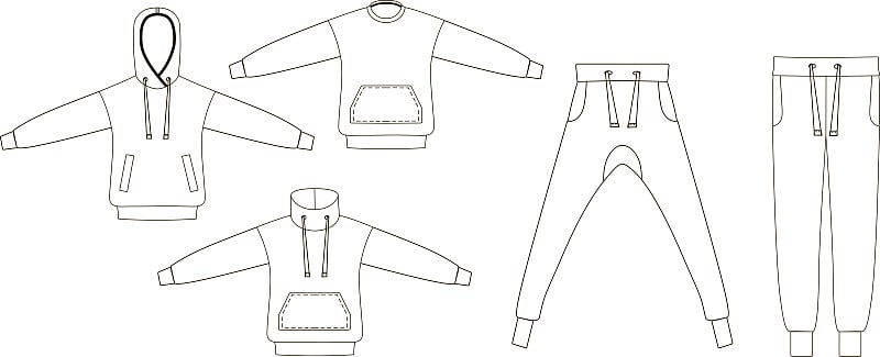 一套运动裤和运动衫和帽衫的几个选项。勾勒休闲服装形象。时尚的页脚模型。