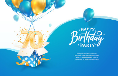 庆祝70岁生日矢量插图。七十周年庆典。成人出生一天。打开数字3和8在气球上飞行的礼盒