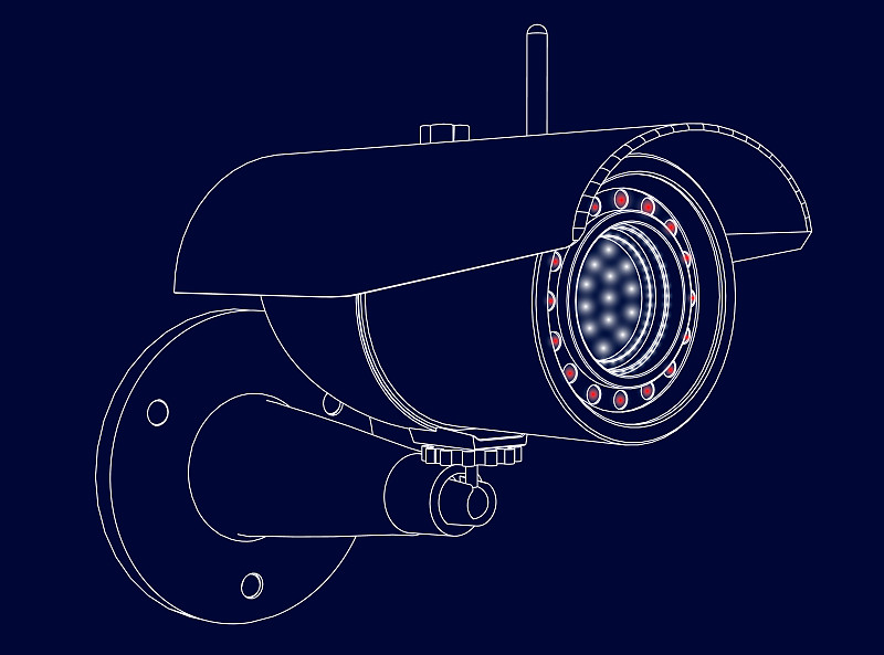 轮廓的监控摄像头与夜光。矢量图