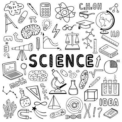 教育和科学。一组矢量手绘涂鸦风格元素