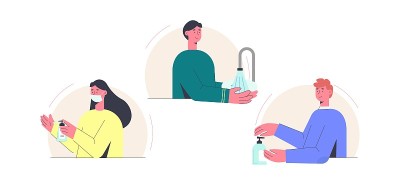 消毒coronovirus。正确的手部护理，女孩在面罩里，男孩把消毒凝胶放在手上。