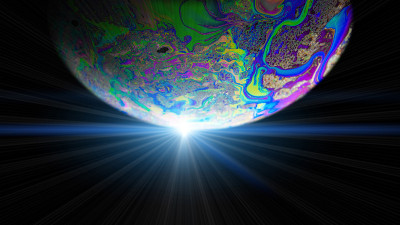 行星灯。银河系宇宙空间中的地球，黑色背景上的抽象太阳。天文科学概念。