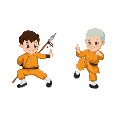 卡通少年少林和尚打斗