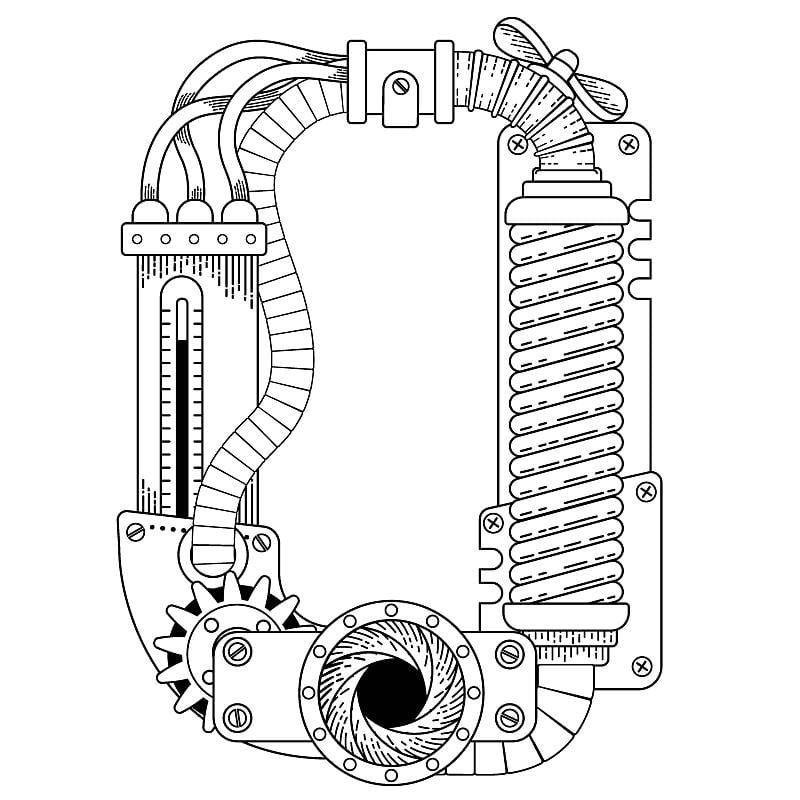 矢量着色书的成年人。蒸汽朋克字体。机械字母表由金属齿轮和各种细节上的白色背景。大写字母O