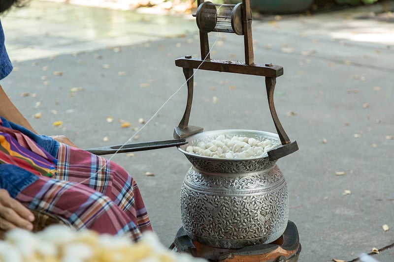 泰国，曼谷，煮蚕茧为丝绸