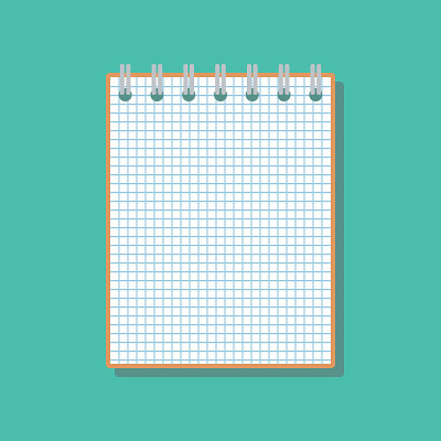 opened notebook with checkered sheet, flat vector 