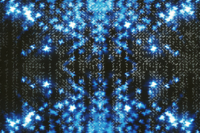 蓝色矩阵数字背景。抽象的网络空间的概念。人物倒了。来自符号流的矩阵。虚拟现实设计。复杂的算法数据黑客