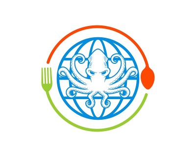 圆形的勺子和叉子，抽象的球形和章鱼