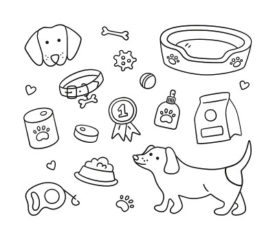 一套不同品种的狗的头和犬配件。项圈，皮带，口套，载体，食物，衣服。