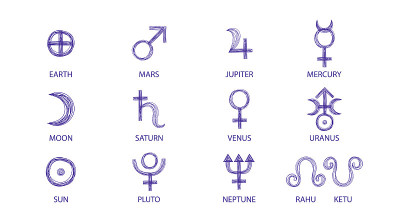 太阳行星符号用蓝笔手绘。向量占星行星符号集。太阳地球月球火星土星金星木星拉胡克图