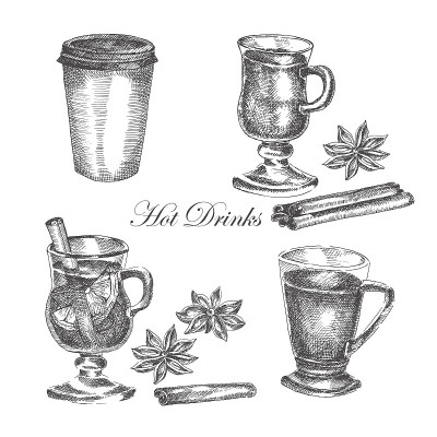 矢量手绘墨素描热酒，肉桂，茴芹