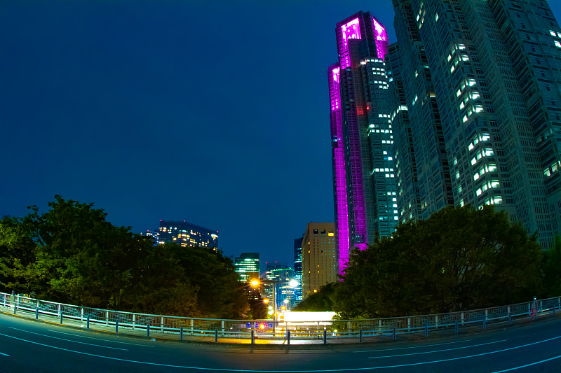 新宿市的一条夜市大街上广角拍摄