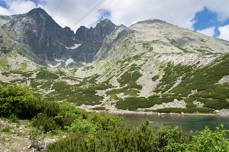 Skalnate Pleso (Rocky Tarn)的风景和缆车前往Lomnicky Stit峰在