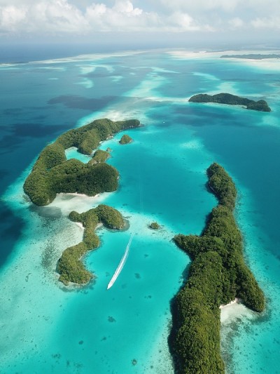 Pristine blue ocean, rock islands in Palau
