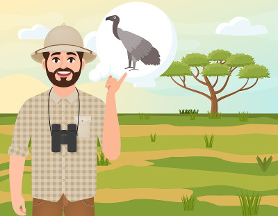 Happy man in cork hat, animal hunter thinks about 