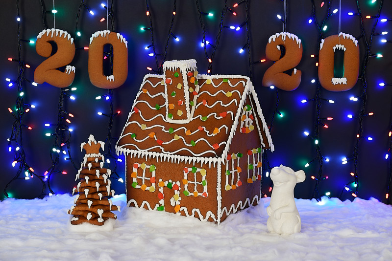 手工制作的可食用姜饼屋，2020年的老鼠象征，新年树，2020题词，雪装饰，花环背景照明
