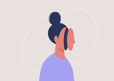 Young female character taking off a mask, mental h