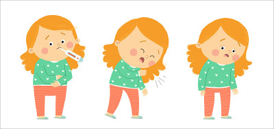 可爱的病女孩。流感症状:发烧、咳嗽、疲劳。卡通手绘10插图孤立在白色背景在一个平坦的风格。